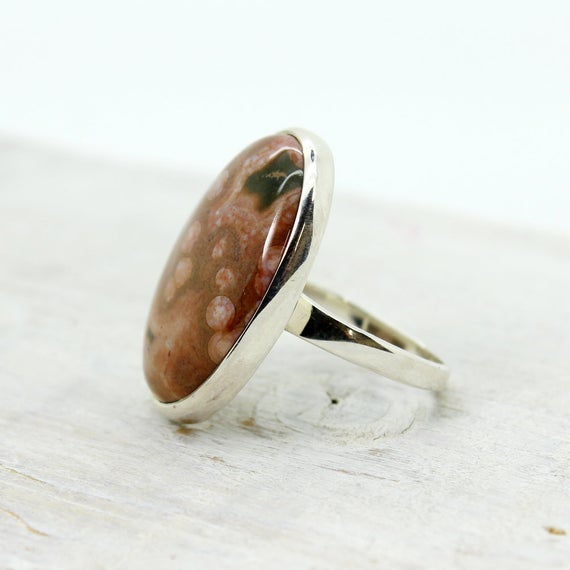 Ocean Jasper Cab Stone Ring Oval Shape Genuine Ocean Jasper Set On 925 Sterling Silver Medium Size Ring Looks Amazing For Anyone