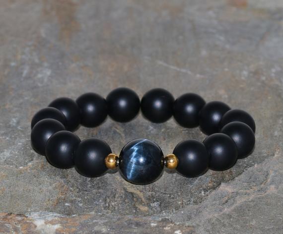 Black Onyx And Hawk's Eye Bracelet Handmade 12mm Matte Black Onyx, 14mm Hawk Eye Guru Stone Natural Beaded Gemstone Bracelet Unisex Bracelet