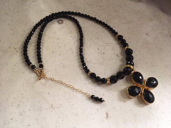 Black Onyx Necklace - Gold Jewelry - Gemstone Pendant Jewellery - Beaded - Extender Chain