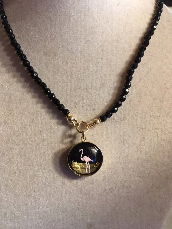 Black Necklace - Pink Flamingo Intaglio Pendant - Onyx Gemstone Jewelry - Gold Jewellery - Classic - Long - Gifts For Her - Jewelrybycarmal