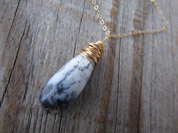 Dendritic Opal Pendant, Wire Wrapped, Faceted Gemstone Necklace, Black And White, Gold Necklace