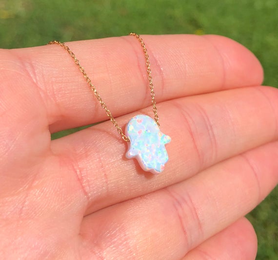Opal Hamsa Necklace, White Opal Pendant Necklace, Good Luck Charm, Hand Of God, Hand Necklace, Kaballah Jewelry, Evil Eye Necklace