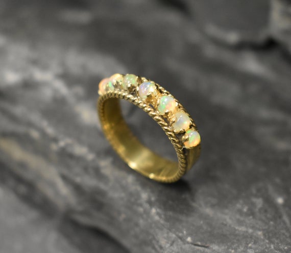 Gold Opal Band, Opal Band, Natural Opal, October Birthstone, Half Eternity Ring, Gold Vintage Ring, Gold Eternity Ring, Solid Silver Ring