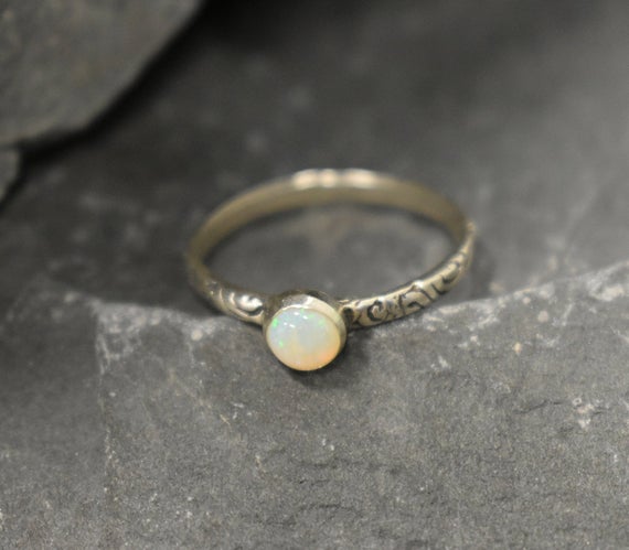Precious Opal Ring, Australian Opal, Tribal Ring, October Birthstone, Stackable Ring, Dainty Ring, White Solitaire Ring, Solid Silver Ring