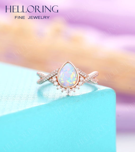 Vintage Lab Opal Engagement Ring Rose Gold Pear Cut Wedding Ring Halo Twisted Art Deco Diamond Moissanite Ring Anniversary Promise Ring