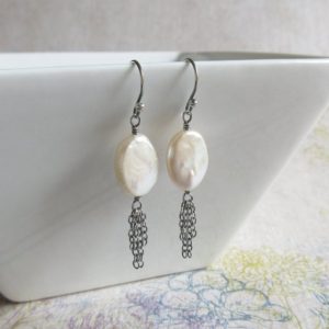 Shop Pearl Earrings! Oval Pearl Tassel Chain Earrings | Natural genuine Pearl earrings. Buy crystal jewelry, handmade handcrafted artisan jewelry for women.  Unique handmade gift ideas. #jewelry #beadedearrings #beadedjewelry #gift #shopping #handmadejewelry #fashion #style #product #earrings #affiliate #ad
