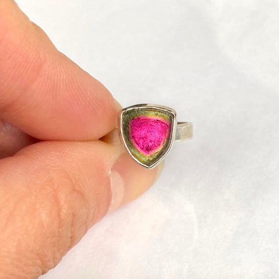 Perfect Watermelon Tourmaline Ring, Stacking Ring, Minimalist Ring, Tourmaline Solitaire Sterling Silver, October Birthstone