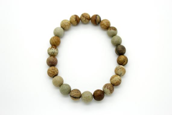 Picture Jasper Smooth Round Natural Gemstone Beads Stretch Elastic Bracelet Pgb107