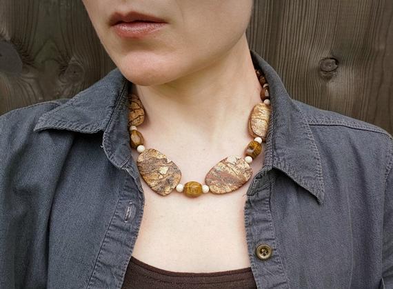 Chunky Brown Jasper Necklace, Picture Jasper Bead Statement Necklace In Neutral Desert Colors
