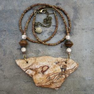 Shop Picture Jasper Pendants! Picture Jasper Statement Necklace, bold chunky natural brown and tan stone slab pendant with beaded chain | Natural genuine Picture Jasper pendants. Buy crystal jewelry, handmade handcrafted artisan jewelry for women.  Unique handmade gift ideas. #jewelry #beadedpendants #beadedjewelry #gift #shopping #handmadejewelry #fashion #style #product #pendants #affiliate #ad
