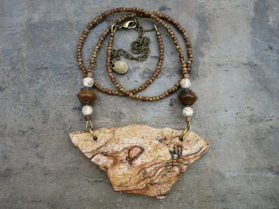 Picture Jasper Statement Necklace, Bold Chunky Natural Brown And Tan Stone Slab Pendant With Beaded Chain