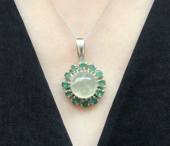 Flower Pendant, Prehnite Pendant, Vintage Pendant, May Birthstone, Green Pendant, Round Pendant, Victorian Pendant, Solid Silver Pendant