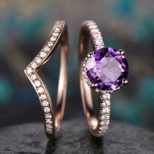 Shop Amethyst Rings! Purple amethyst engagement ring set rose gold under halo moissanite 2pc stacking matching crown unique wedding bridal promise ring set gift | Natural genuine Amethyst rings, simple unique alternative gemstone engagement rings. #rings #jewelry #bridal #wedding #jewelryaccessories #engagementrings #weddingideas #affiliate #ad