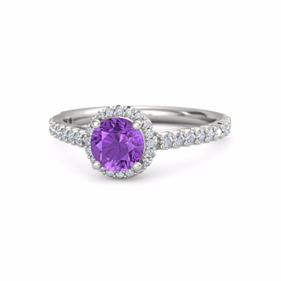 Purple Diamond Engagement Ring White Gold Amethyst Engagement Ring, Halo Amethyst Engagement Ring, Amethyst And Diamond Engagement Ring