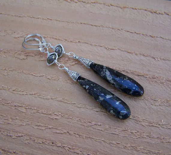 Agatized Pyrite  Briolette, Sterling Silver Leverback Earwire Earrings