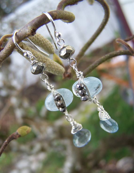 Moss Aquamarine  Briolette, Nugget  Pyrite, Pyrite Rondelle Sterling Silver Wrap, French Earwire, Earrings