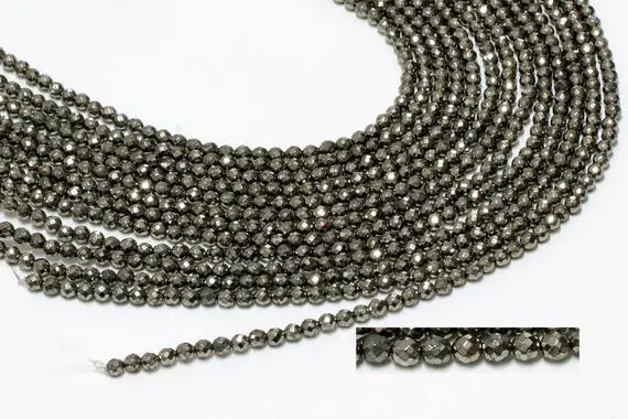 Gu-6092-1 - A Grade Pyrite Faceted Rounds - 64 Facetes - 4mm - Gemstone Beads - 16" Full Strand