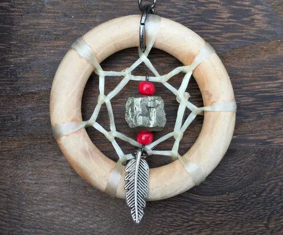 Wooden Dream Catcher Necklace With Pyrite Crystal, Handmade Dreamcatcher Jewelry, Gift For Women, For Abundance, For Protection, Prosperity