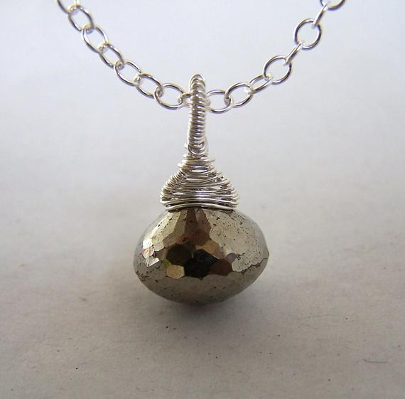 Faceted Pyrite Onion Briolette Aka Fools Gold, Sterling Silver Wrap, Pendant Necklace