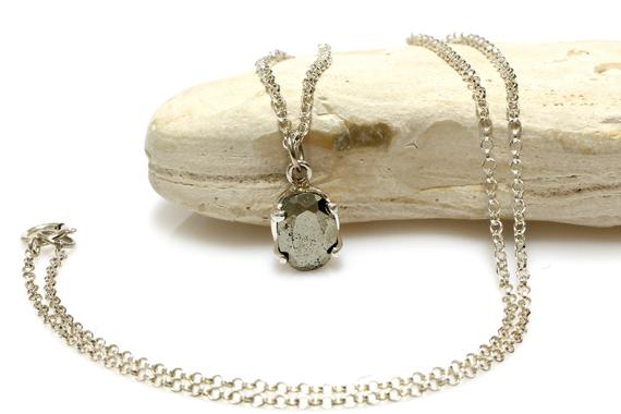 Raw Pyrite Necklace · Gray Stone Pendant Necklace · Silver Pendant Necklace 925 · Oval Gem Necklace · Bridesmaid Maid Of Honor Jewelry