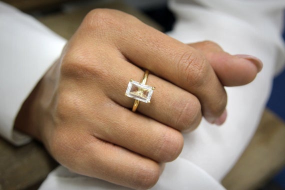 Crystal Quartz Ring · Clear Quartz Ring · White Quartz Ring · Gold Band Ring · Rectangle Gemstone Ring · 14k Gold Filled Ring