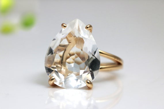 Rose Gold Ring · Crystal Quartz Ring · Teardrop Ring · Drop Stone Ring · Pink Gold Ring · Large Cocktail Ring · Gemstone Ring