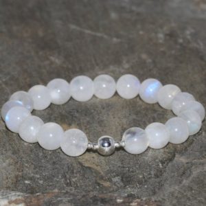 Shop Rainbow Moonstone Bracelets! Moonstone Beaded Bracelet 8mm Natural Rainbow Moonstone Wrist Mala Beads Sterling Silver Beads Emotional Balance Womens Beaded Bracelet | Natural genuine Rainbow Moonstone bracelets. Buy crystal jewelry, handmade handcrafted artisan jewelry for women.  Unique handmade gift ideas. #jewelry #beadedbracelets #beadedjewelry #gift #shopping #handmadejewelry #fashion #style #product #bracelets #affiliate #ad