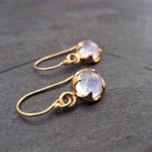 Delicate Blue Moonstone Earrings, Round Rose Cut Dangle, Faceted Gemstone Drop, 6 Mm Rainbow Moonstone, Gold And Silver | Natural genuine Rainbow Moonstone earrings. Buy crystal jewelry, handmade handcrafted artisan jewelry for women.  Unique handmade gift ideas. #jewelry #beadedearrings #beadedjewelry #gift #shopping #handmadejewelry #fashion #style #product #earrings #affiliate #ad