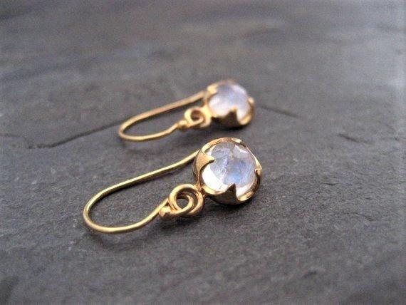 Moonstone Dangle Earrings, Blue Rainbow Flash, Prong Set Round Rose Cut Gemstone Drop, Dainty Earrings