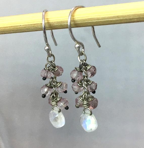 Rainbow Moonstone Earrings .. Pink Quartz Earrings .. Gemstone Earrings .. Handmade Jewelry