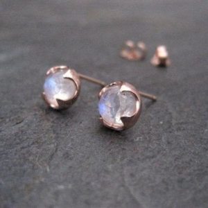 Shop Rainbow Moonstone Jewelry! Moonstone studs, SOLID 14k rose gold, rose cut genuine gemstone, rainbow moonstone, blue flash, thorn setting, round studs,  7 mm | Natural genuine Rainbow Moonstone jewelry. Buy crystal jewelry, handmade handcrafted artisan jewelry for women.  Unique handmade gift ideas. #jewelry #beadedjewelry #beadedjewelry #gift #shopping #handmadejewelry #fashion #style #product #jewelry #affiliate #ad