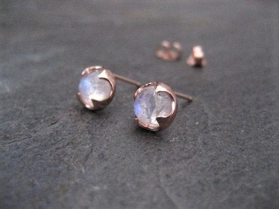 Rainbow Moonstone Stud Earrings Set In Solid 14k Rose Gold, Rose Cut Genuine Gemstone With Thorn Prong Setting