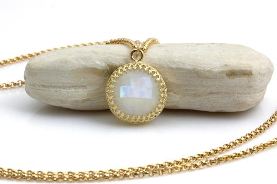 Rainbow Moonstone Necklace · Long Pendant Necklace · Gold Necklace · Gemstone Necklace · Natural Stone Pendant · Large Pendant