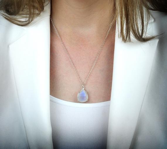 Rainbow Moonstone Necklace · Teardrop Pendant · Teardrop Necklace · Silver Necklace · Long Necklace · Gemstone Necklace