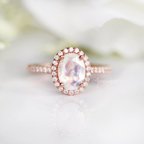 Rainbow Natural Moonstone Ring- 14k Rose Gold Vermeil Dainty Engagement Ring For Women Promise Ring June Birthstone Anniversary Gift For Her