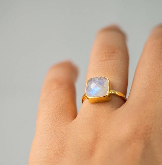 Rainbow Moonstone Ring Gold, June Birthstone Ring, Gemstone Ring, Stacking Ring, Silver Ring, Cushion Cut Ring, Unique Gift For Her, Rg-sq