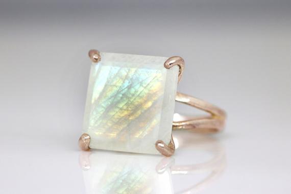 Rare Moonstone Ring · Square Ring · Rainbow Moonstone Ring · Rose Gold Ring · Gemstone Ring · Women Rose Ring · Gold Rings