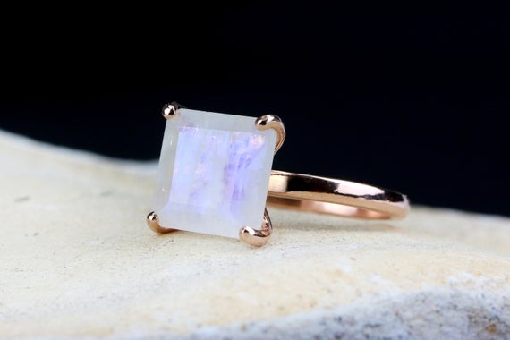 Rose Gold Ring · Rainbow Moonstone Ring · Square Ring · Prong Ring · Solitaire Ring · Gemstone Ring · Semiprecious Ring · Pink Gold Ring