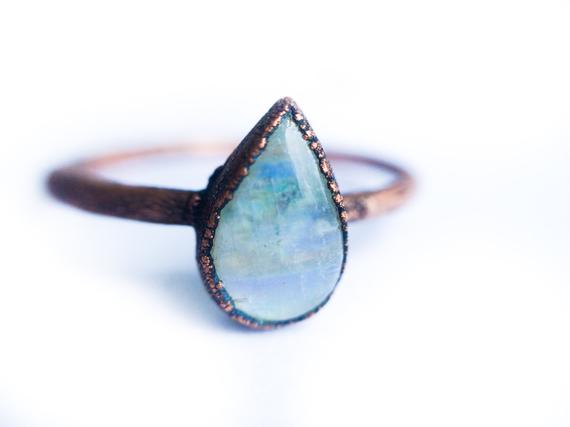 Rainbow Moonstone Ring | Simple Stone Stacking Ring | Tiny Moonstone Stacking Ring | Electroformed Mineral Jewelry | Organic Stone Jewelry