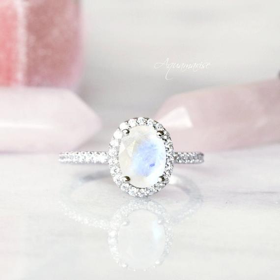 Natural Rainbow Moonstone Ring- Sterling Silver Engagement Ring For Women- Unique Promise Ring-  June Birthstone- Anniversary Gift For Her