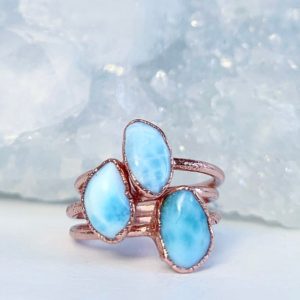 Shop Larimar Jewelry! Raw Larimar Stone Ring, Pisces Birthstone Ring, Leo Birthstone Ring, Natural Larimar Ring, Alternative Birthstone, Jewelry Gift for Her | Natural genuine Larimar jewelry. Buy crystal jewelry, handmade handcrafted artisan jewelry for women.  Unique handmade gift ideas. #jewelry #beadedjewelry #beadedjewelry #gift #shopping #handmadejewelry #fashion #style #product #jewelry #affiliate #ad