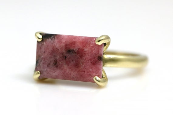 Rhodonite Ring · Rectangle Gemstone Ring · Gold Ring · Pink Stone Ring · Semiprecious Solitaire Ring