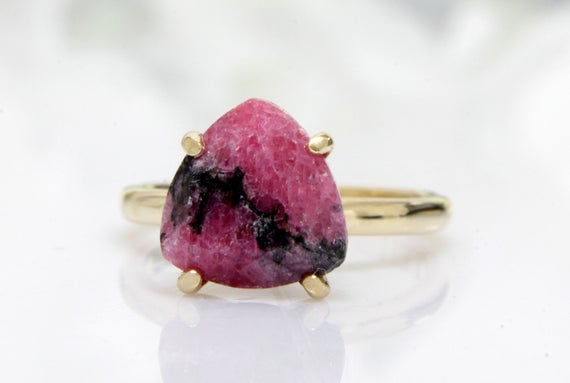 Pink Rhodonite Ring · Trillion Solitaire Ring · 14k Gold Ring · Custom Solid Gold Ring · Pink Gemstone Ring