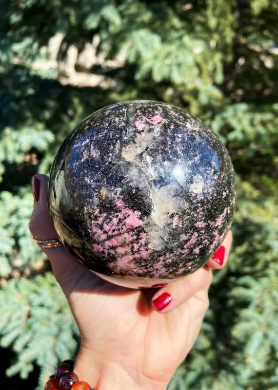 Rhodonite Sphere W/ Quartz For Healing And Nurturing The Inner Self - Comes With Stand - Heart Chakra Crystal