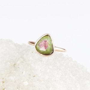 Rose Gold Rose Cut Watermelon Tourmaline Ring, Pear Cut Calming Meditation Ring, Green Pink Bi-color Tourmaline October Birthstone Ring |  #affiliate