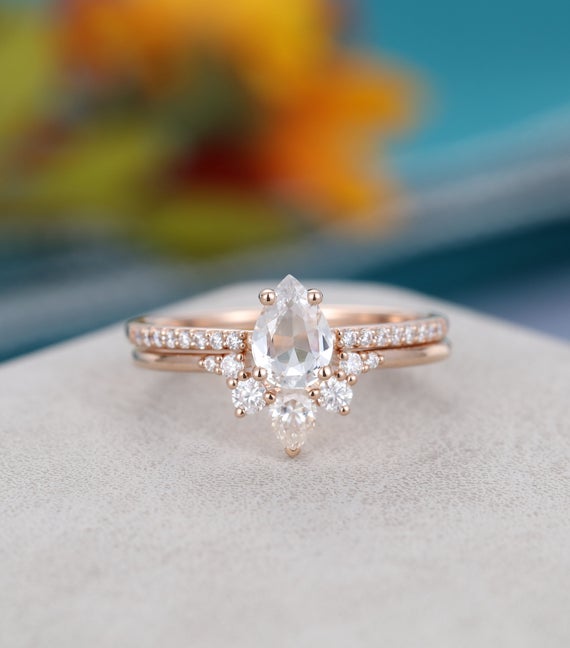 Rose Gold Engagement Ring Set Vintage Pear Shaped White Sapphire Engagement Ring For Women Unique Wedding Bridal Anniversary Gift For Her