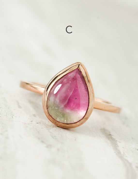Rose Gold Pear Cut Watermelon Tourmaline Ring, Bezel Set Low Profile Ring, Bi Color Tourmaline Ring, Heart Chakra Ring, Gift For Girlfriend