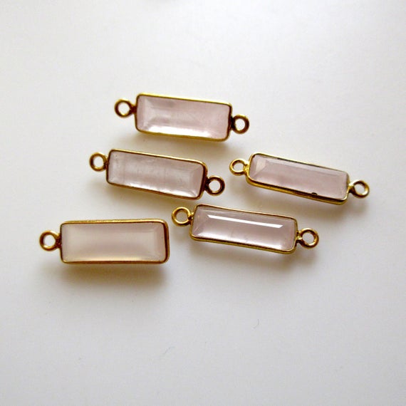 6 Pieces Natural Rose Quartz Faceted Rectangle Bezel Connectors, 16x6mm Sterling Silver Double Loop Gemstone Charms, Gds1618