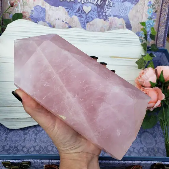 Large Rose Quartz Tower, 8" 3.45 Lb Pink Quartz Point Wand Generator For Metaphysical Gifts Or Crystal Grids