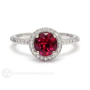 Ruby Engagement Ring Ruby Ring Round Diamond Halo Ruby Halo July Birthstone Ring Ruby and Diamond Ring Red Gemstone Ring in Gold or Platinum | Natural genuine Array rings, simple unique alternative gemstone engagement rings. #rings #jewelry #bridal #wedding #jewelryaccessories #engagementrings #weddingideas #affiliate #ad